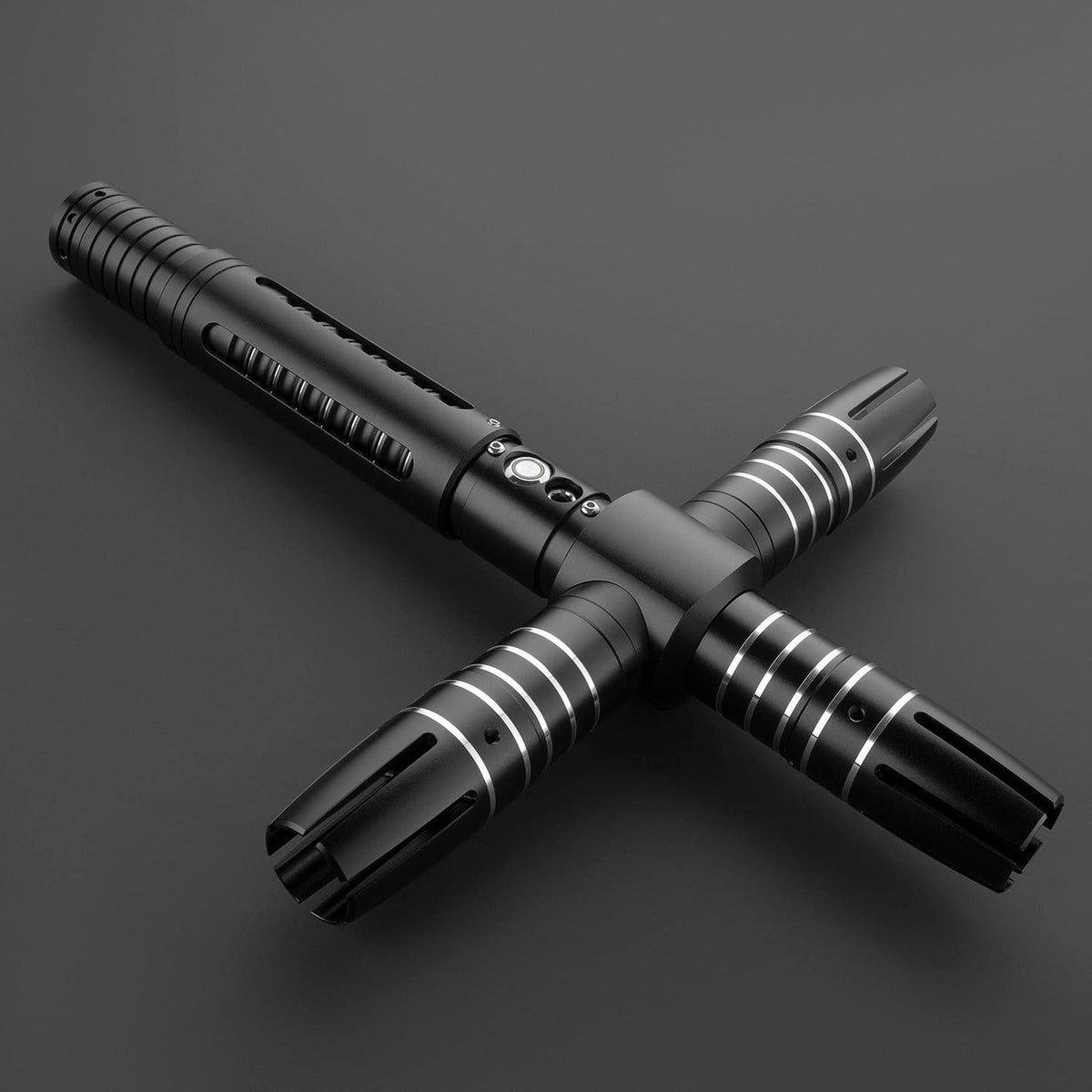 Dark Crossguard Lightsaber Hilt – Black & Silver with Red Side Emitters