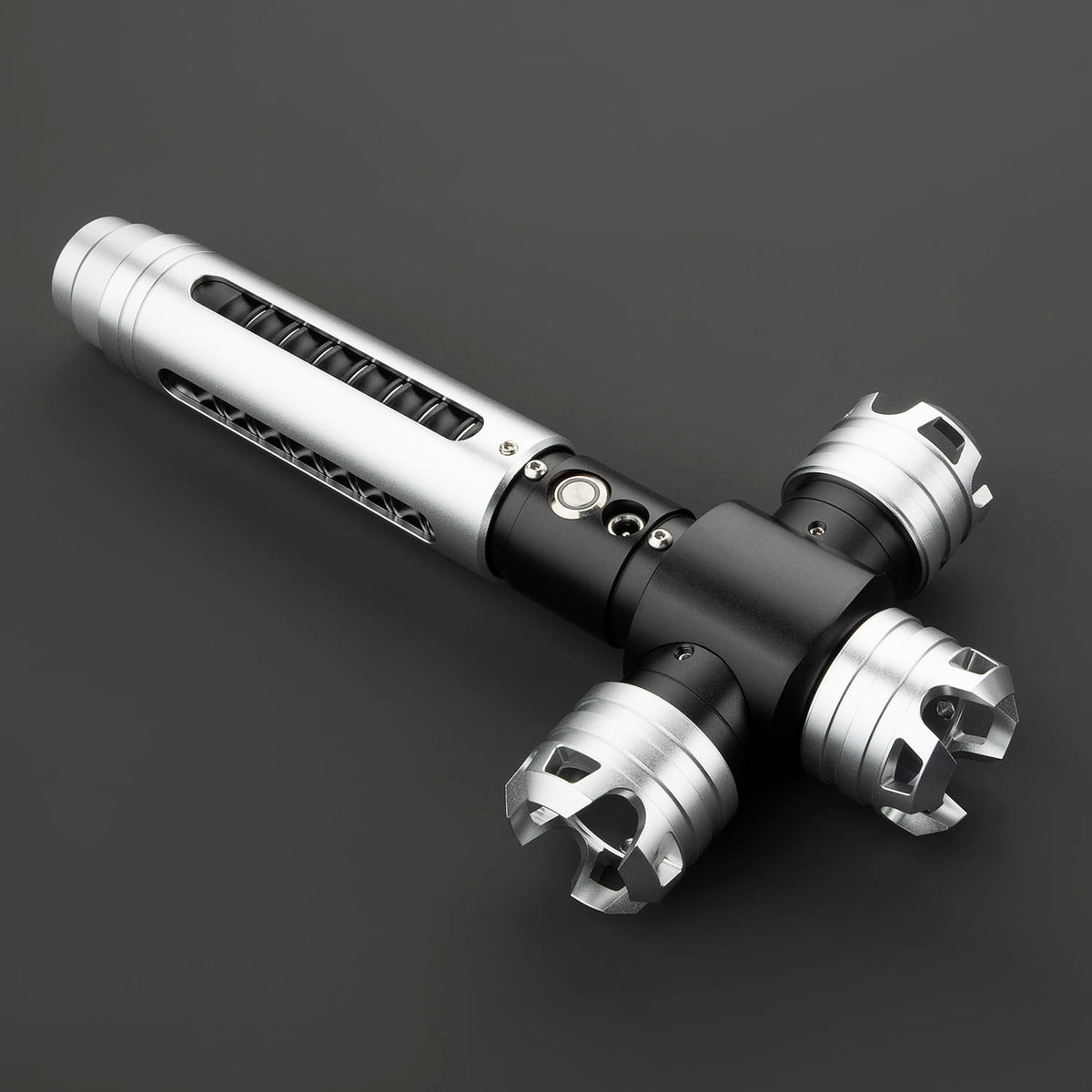 Crossguard Lightsaber Hilt – Silver & Black Triple-Claw Design