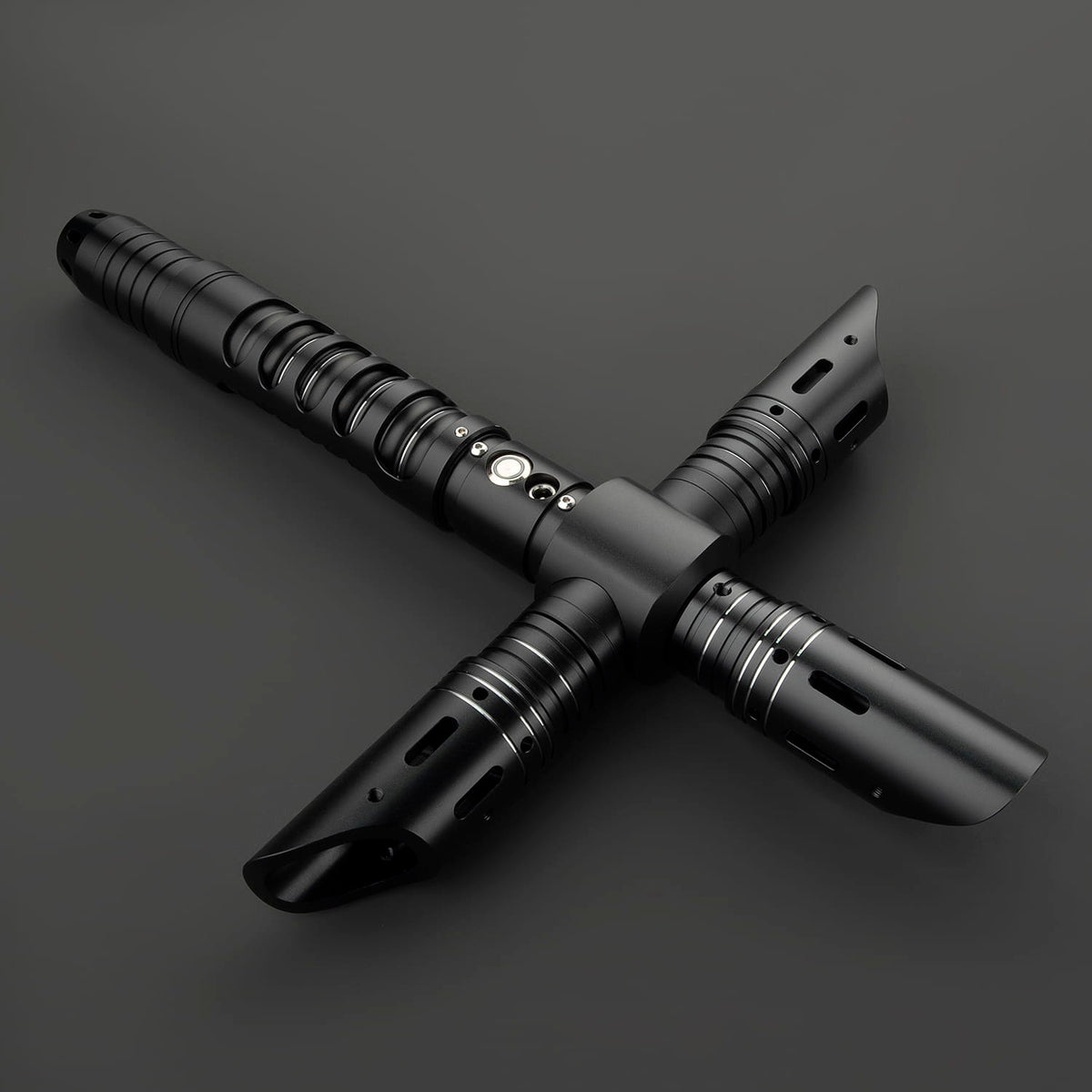 Dark Crossguard Lightsaber Hilt – All-Black Triple-Emitter Design