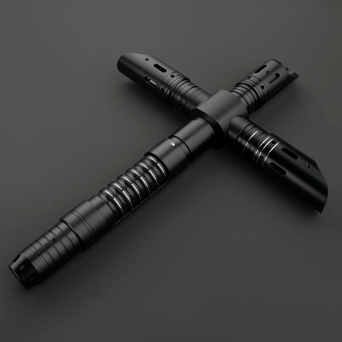 Dark Crossguard Lightsaber Hilt – All-Black Triple-Emitter Design